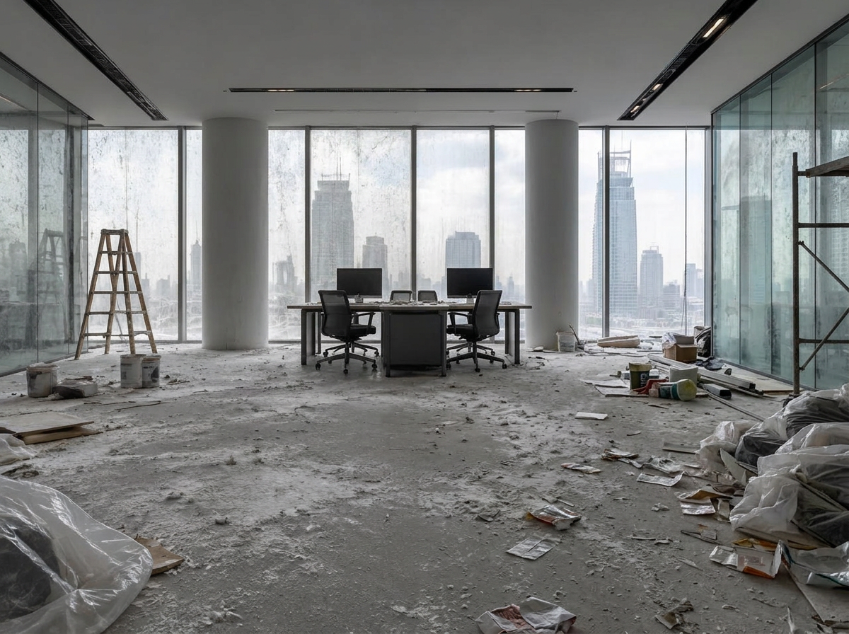 Bureau avant nettoyage, sol poussiéreux et débris de chantier